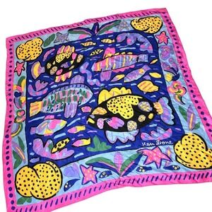Vintage 1986 Ken Done Silk Scarf Great Barrier Reef Fish Print Pink Luxury Japan